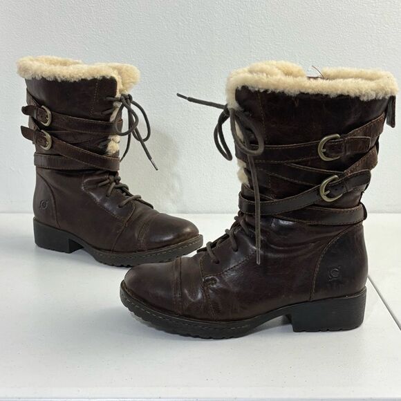 Born Zuniga Women Brown Leather Boots Shearling Lined Harbor Cottage Boho SZ 6.5 - Picture 1 of 13